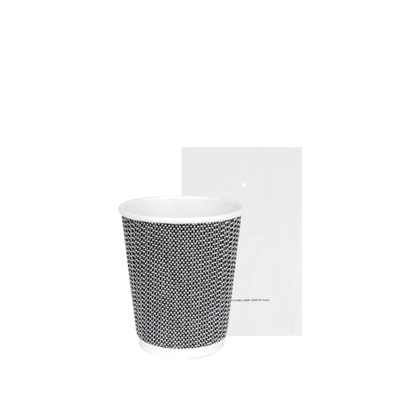 Biologisch abbaubarer Pappbecher mit schwarzem 3D-Muster, verpackt, 240ml - 500Stk | Amonn