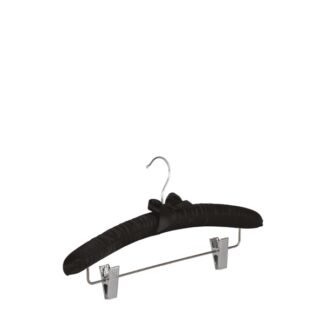 Black padded satin clothes hanger with hook and adjustable clips - 100pcs | Amonn