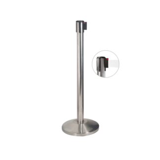 Abgränzungssäule aus satiniertem Stahl und mit weißem Band | Amonn